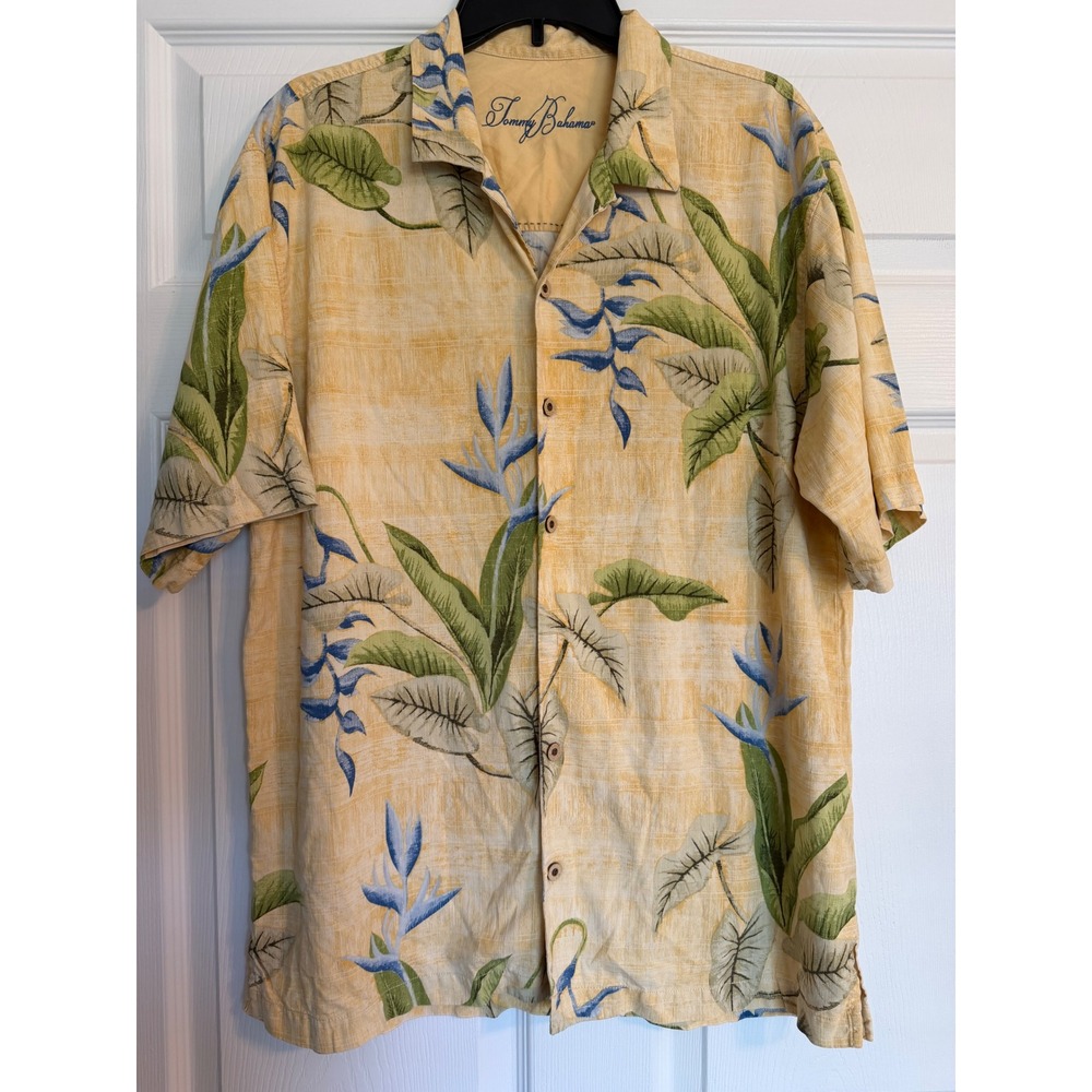 VTG Tommy Bahama Mens Large Yellow Silk Tropical‎ Bird of Paradise Camp Shirt L